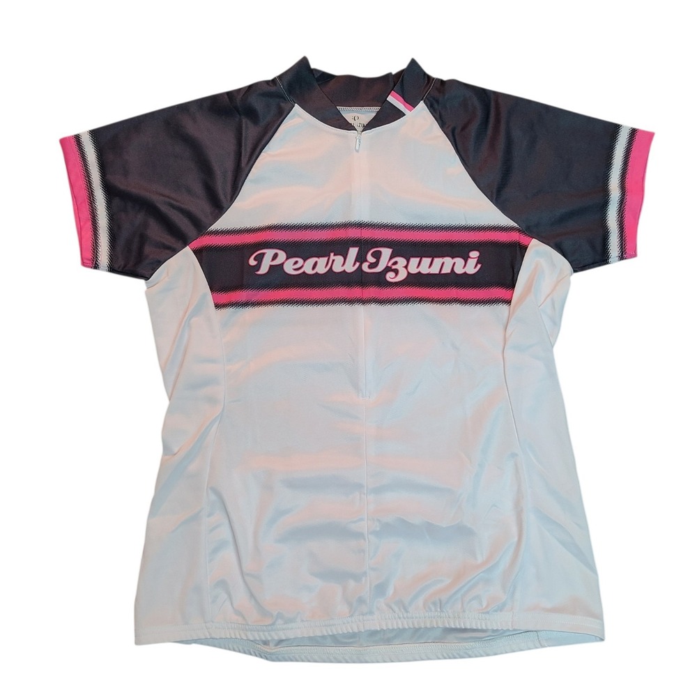 Women's Pearl Izumi Cycling Jersey Size L White Spell Out SS Pockets 3/4 zip